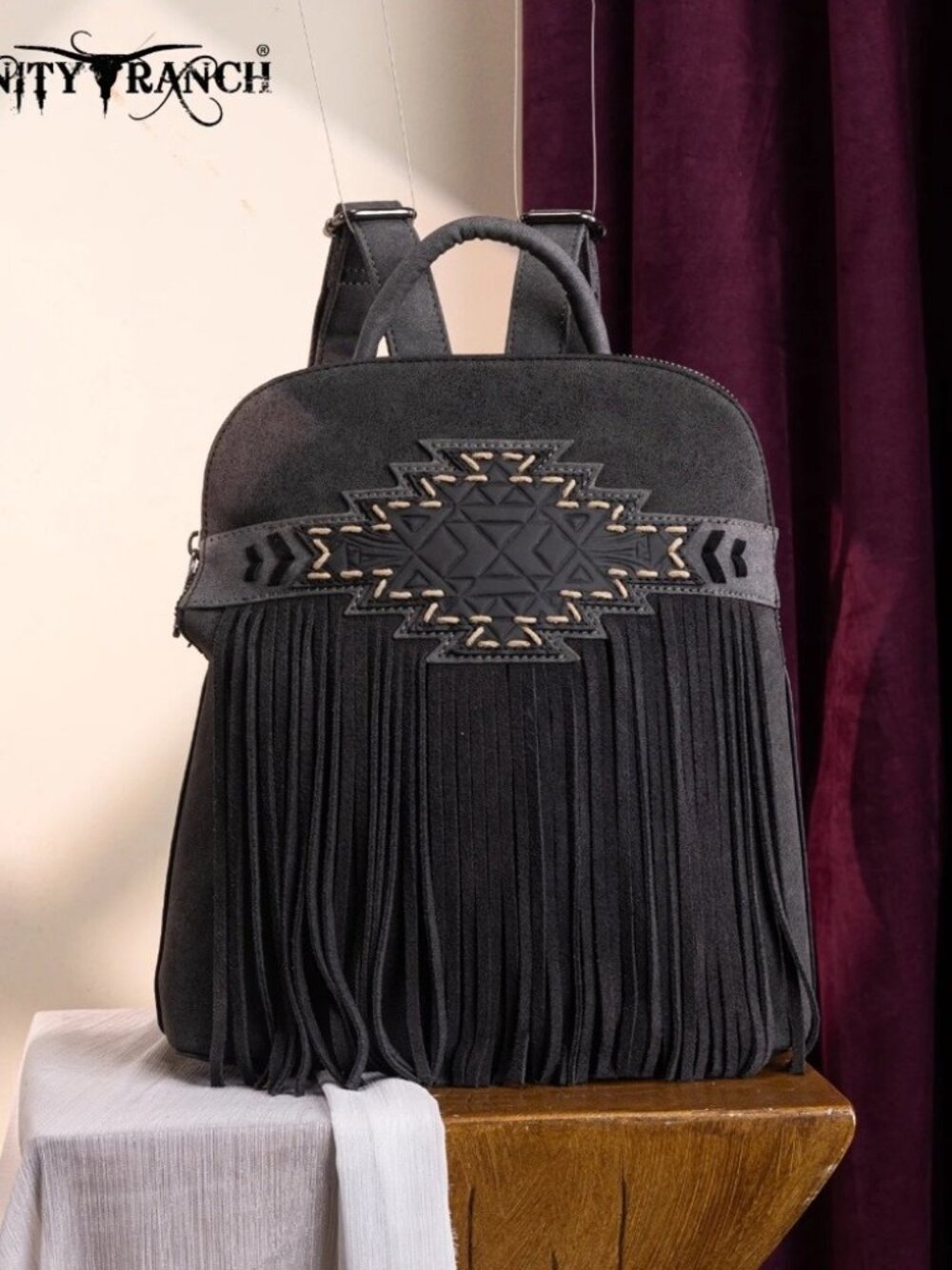 Trinity Ranch Aztec Tooled Fringe Concealed Carry Backpack Black